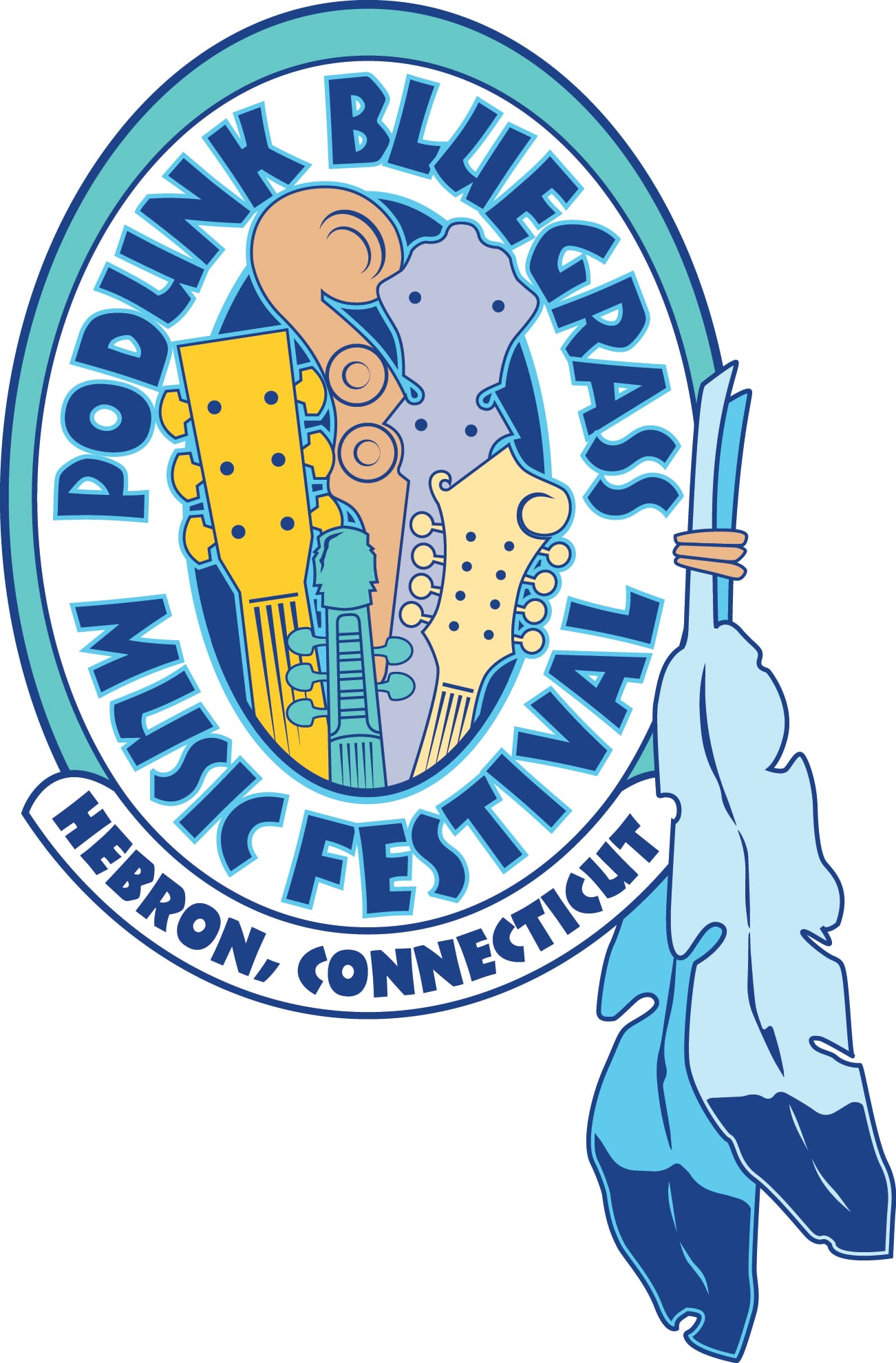 podunk bluegrass festival logo featuring a drawing of instruments around a feathered headband