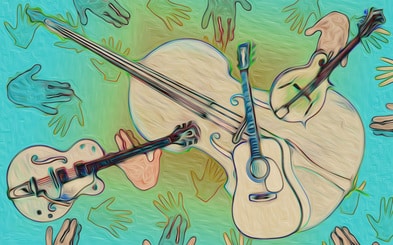 frank drake jam digital image of guitar, bass, mandolin on a background of hands