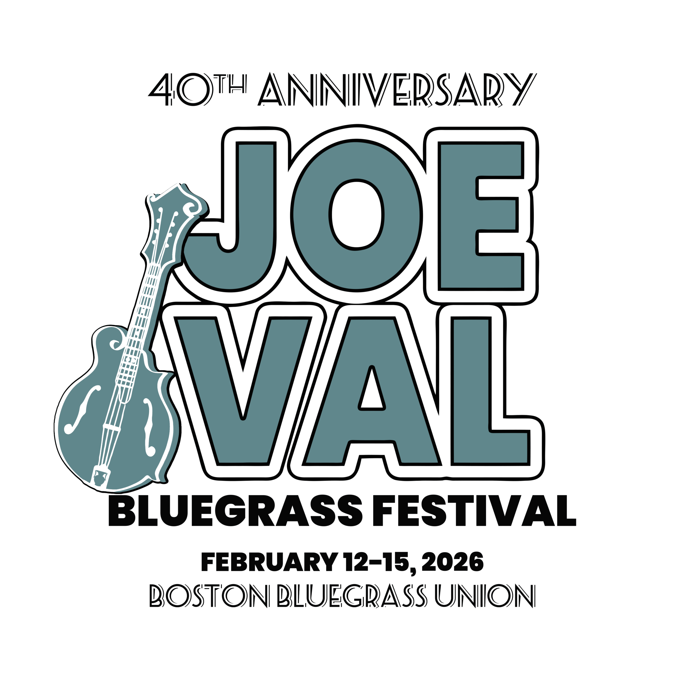 Joe Val Bluegrass Festival t-shirt design with Joe Val in large letters and a green mandolin leaning against the words.