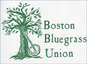 Early BBU logo is a woodcut of a tree with a banjo leaning against it in green.