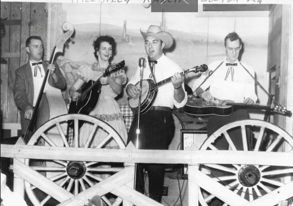 Bob and Grace French and the Rainbow Valley Boys at the Hillbilly Ranch. Black and white photo of 4 musicians in western wear.