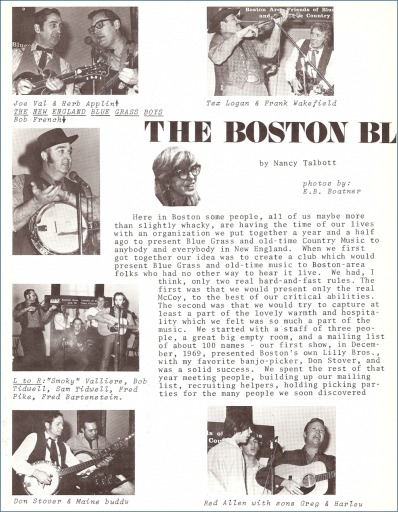 Image of a news flyer called the muleskinner news, reporting on the bluegrass scene in boston in 1970