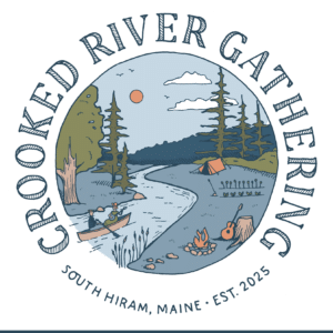 crooked river gathering logo with lettering and a drawing of a stream thru the woods with a campground and guitar.
