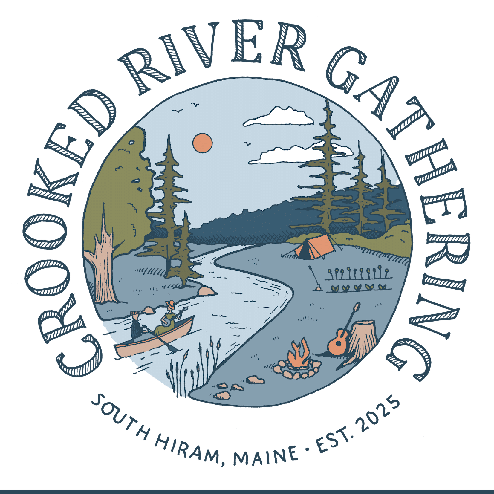 crooked river gathering logo with lettering and a drawing of a stream thru the woods with a campground and guitar.
