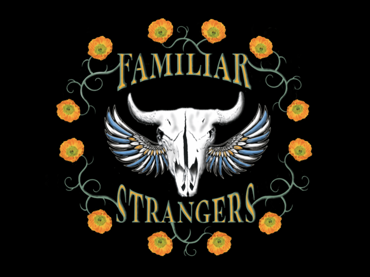 familiar strangers logo with a winged cow skull in the middle and orange flowers around it