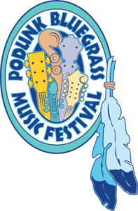 Podunk Bluegrass Festival logo with feathers and instruments