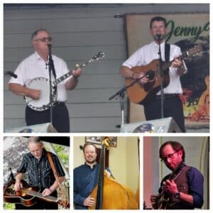 photo of the tex's troubadours. Dave Shaw (banjo) and Dave "Tex" Orlomoski, Roger Williams (dobro), Bob Dick (bass), and JD Williams on mandolin